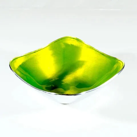 Lime Green Enamelled Square Bowl On Polished Aluminium
