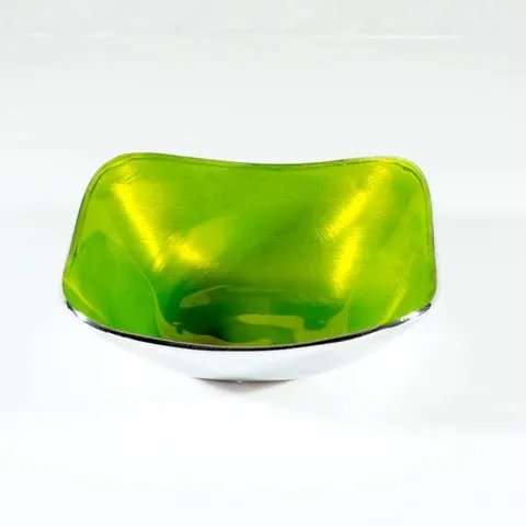 Lime Green Enamelled Square Bowl On Polished Aluminium