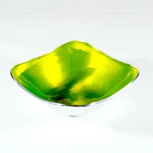 Lime Green Enamelled Square Bowl On Polished Aluminium